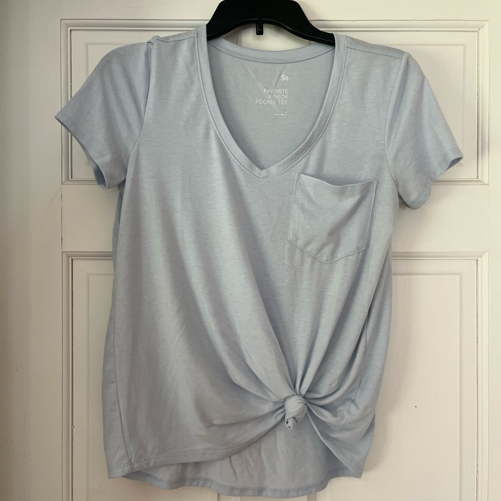 SO Light Blue Knot Front V-Neck Blouse